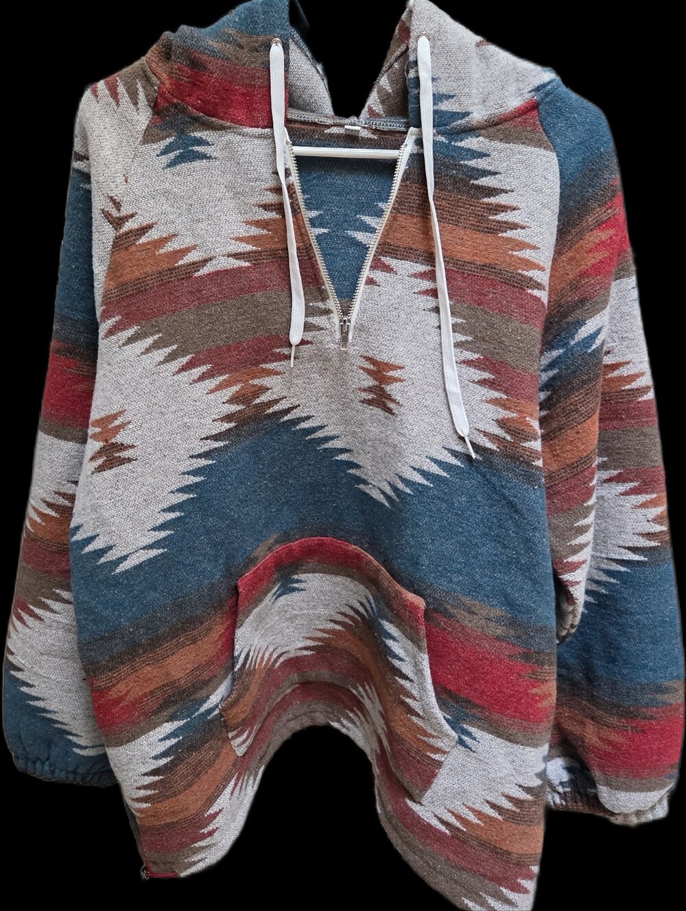 Aztec-Print Hooded Mens Quarter Zip Pullover, Fall, Native, Warm Multicolor, L